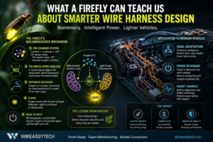 Firefly bioluminescence mechanism compared with smart wire harness design, zonal architecture, intelligent power distribution, and lightweight vehicle wiring systems.