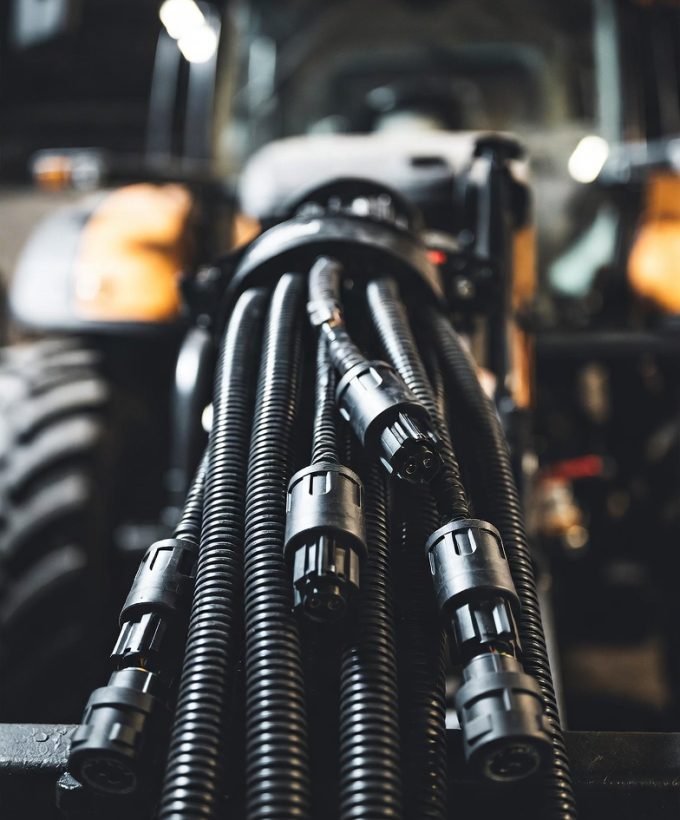 Custom IP67 waterproof wire harness with corrugated tubing and Deutsch connectors for agricultural machinery and heavy-duty tractors - WireAssyTech.